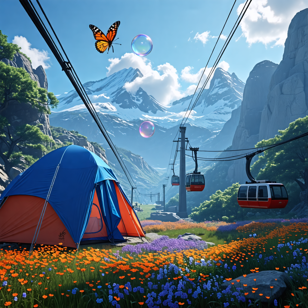 tent, lightsaber, cable car, bubble, butterfly